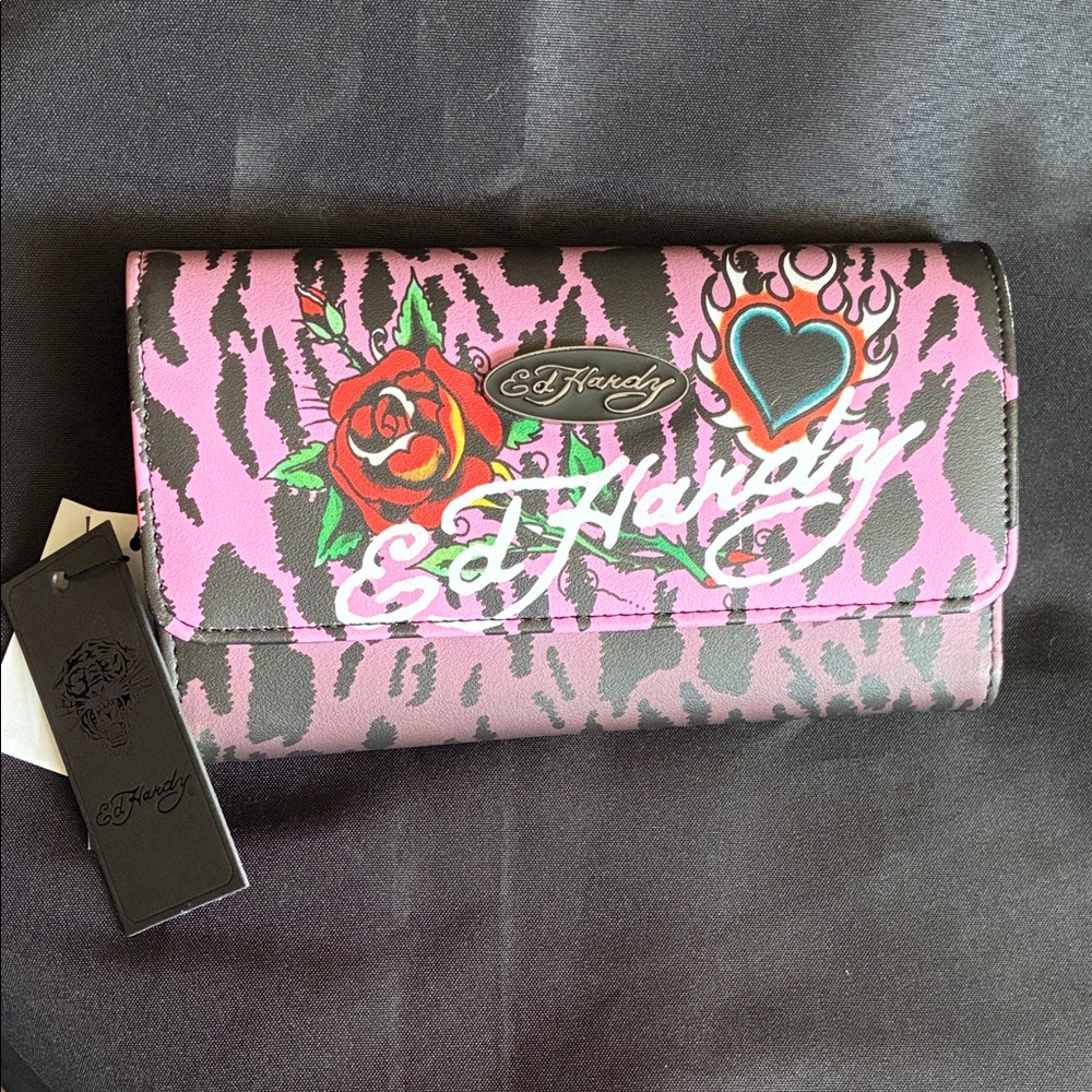 Ed Hardy Pink Zebra Rose & Flaming Heart Continental Wallet